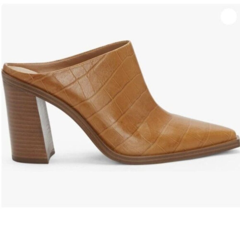 FOWT Women Crocodile Embossed Mules Chunky Stacked Heel Slippers Brown Shoes